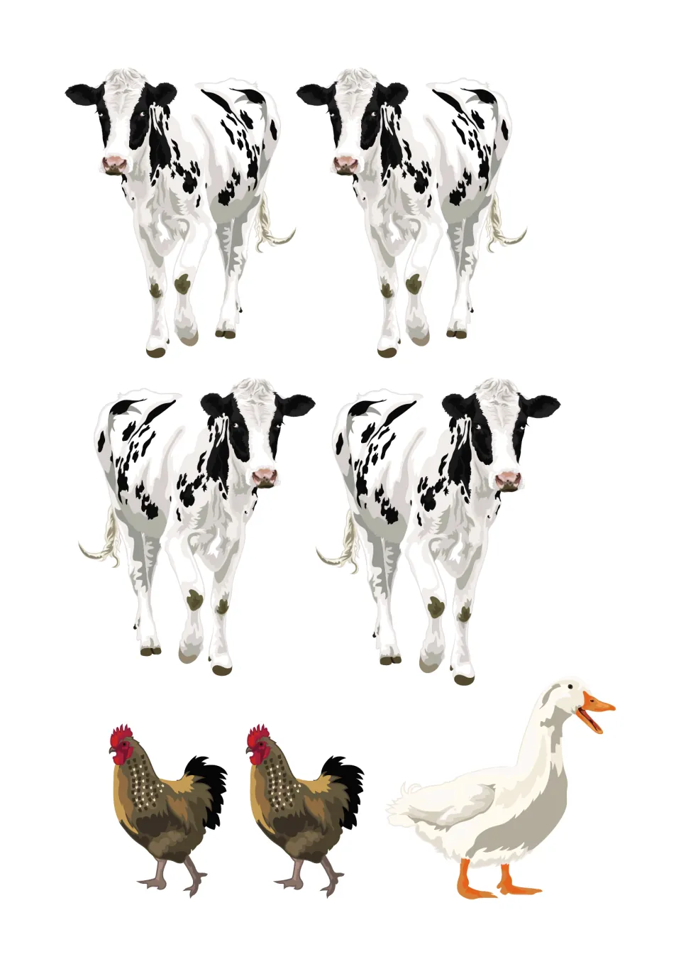 Farm animal cut-outs for the countryside TV scene: four black-and-white cows, two hens and a white duck to cut and stick