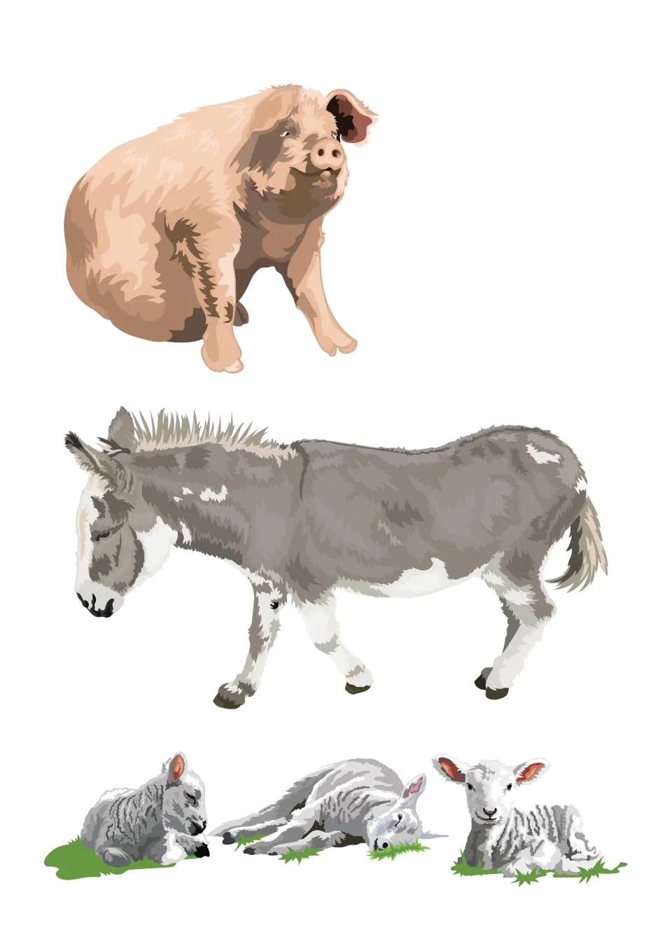 Countryside animal cut-outs of a sitting pink pig, a grey donkey and three resting lambs on grass for the farm TV picture