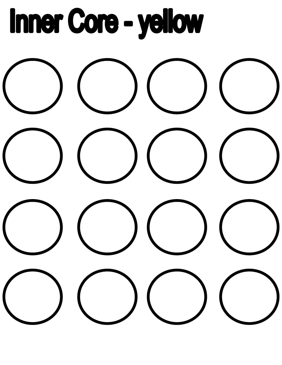 Inner core template sheet for the Earth layers craft, with 16 small circles and the heading “Inner Core - yellow”