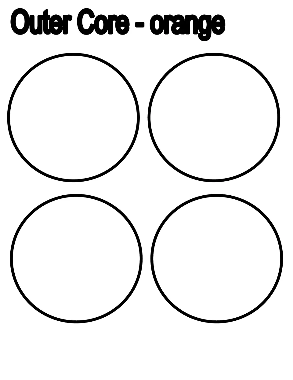 Outer core template sheet for the Earth layers craft, with four circles and the heading “Outer Core - orange”