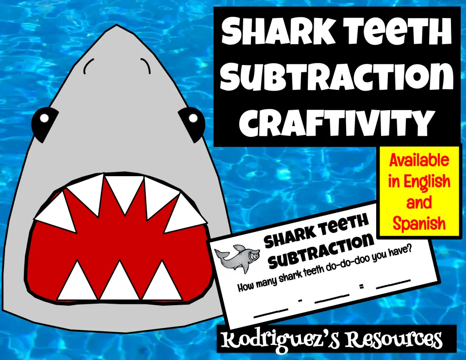 Shark Teeth Subtraction Craftivity cover: shark head craft with a subtraction sentence strip, in English and Spanish