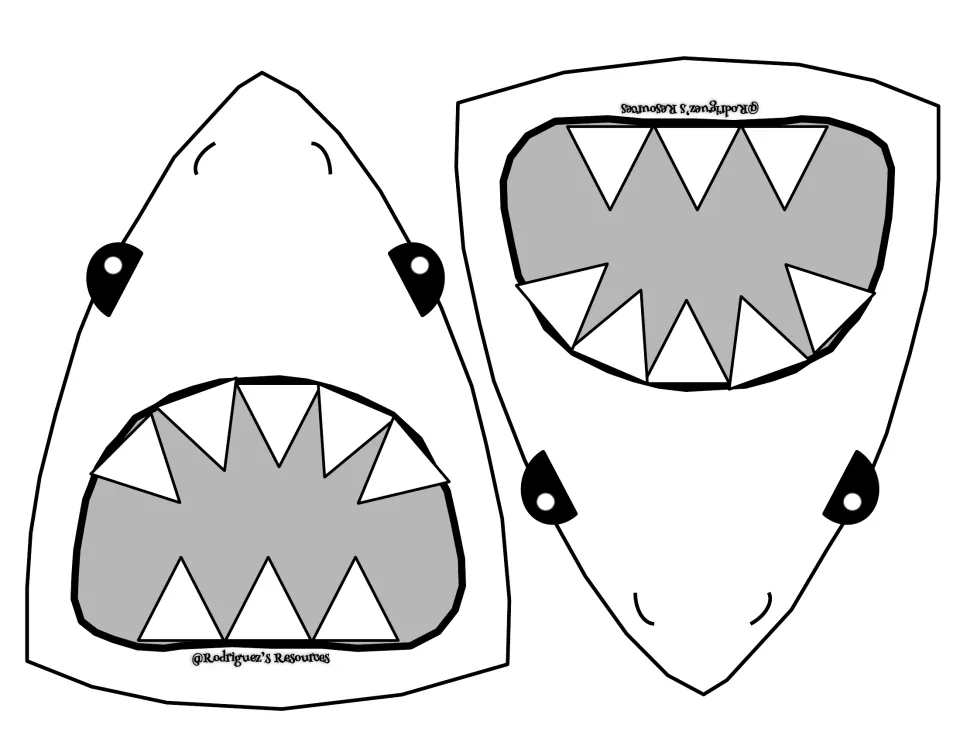 Shark head template: two shark faces with gray open mouths and printed teeth for students to cut out and build the craft