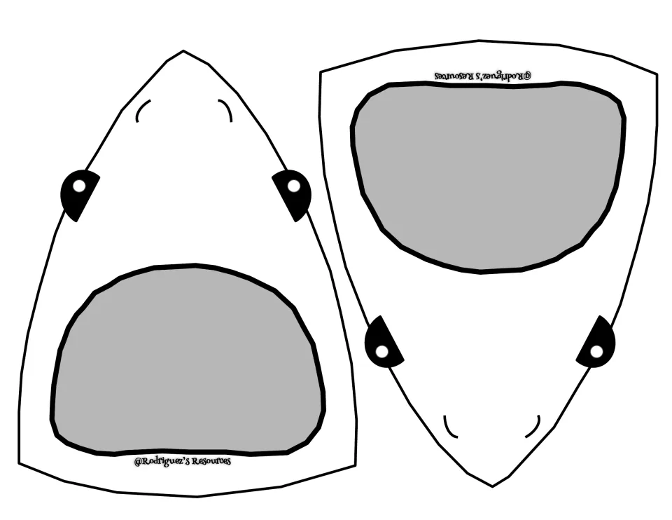 Shark head template: two shark faces with empty gray mouths so students can glue on their paper teeth before subtracting