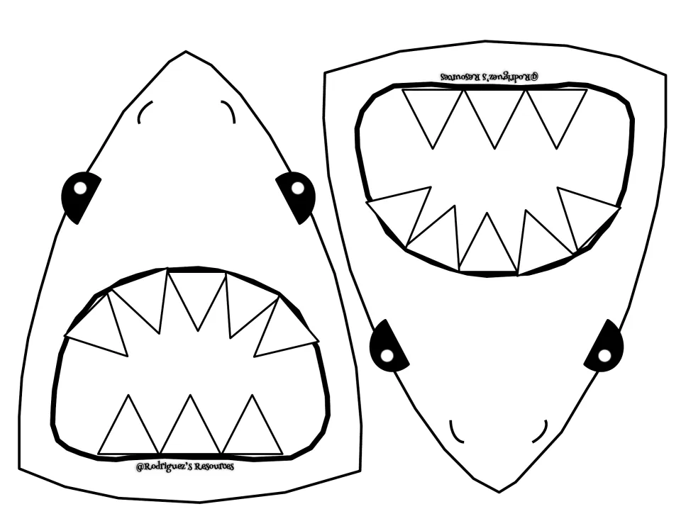 Black-and-white shark head template: two shark faces with outlined teeth in white mouths for students to color and cut out