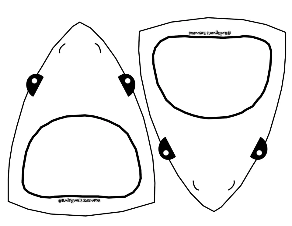 Blank shark head template: two shark faces with empty white mouths for students to color, cut out and add paper teeth