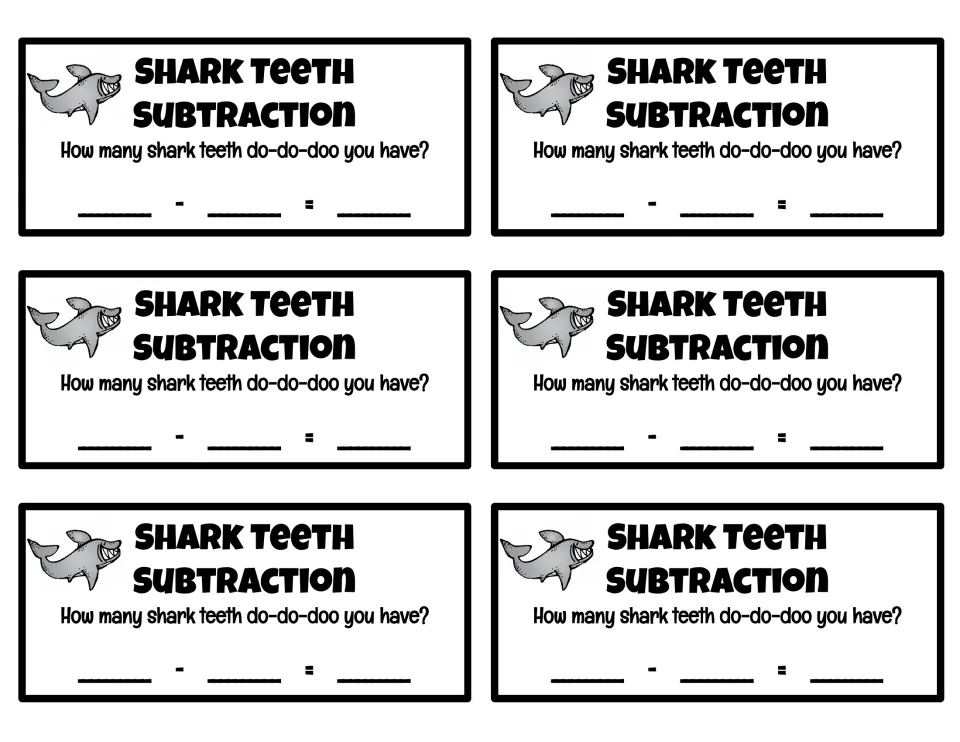 Subtraction strips: six cards asking 'How many shark teeth do-do-doo you have?' with a blank minus-equals number sentence