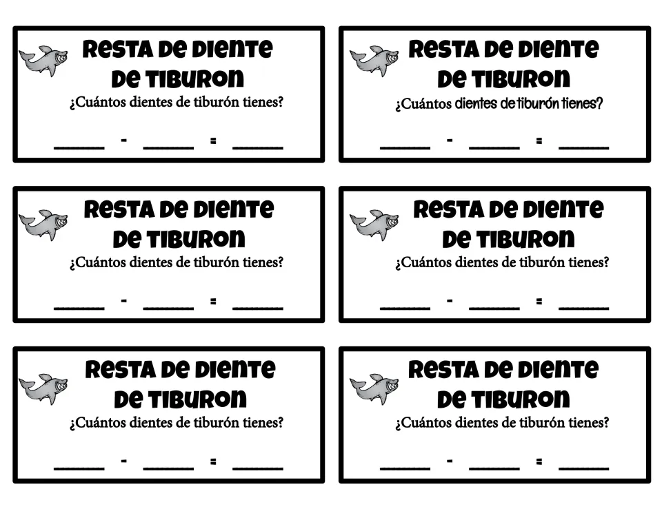 Spanish strips: six 'Resta de diente de tiburon' cards asking ¿Cuántos dientes de tiburón tienes? with a blank equation