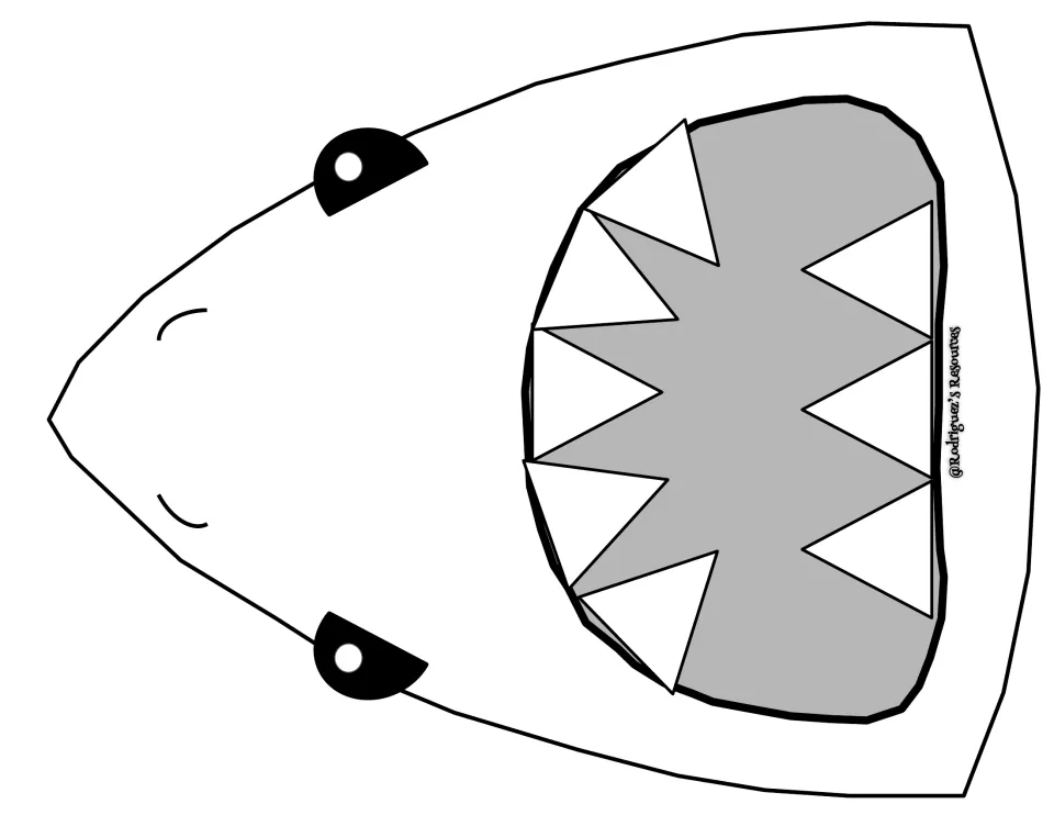 Large shark head template: one full-page sideways shark face with a gray mouth and printed white teeth for cutting out