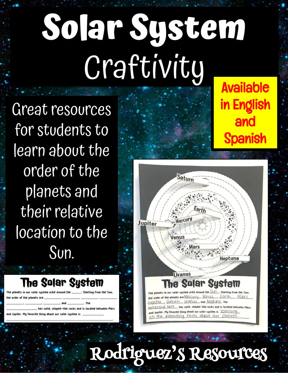 Solar System Craftivity cover in English and Spanish: photo of a finished orbit map with planet labels and a cloze summary