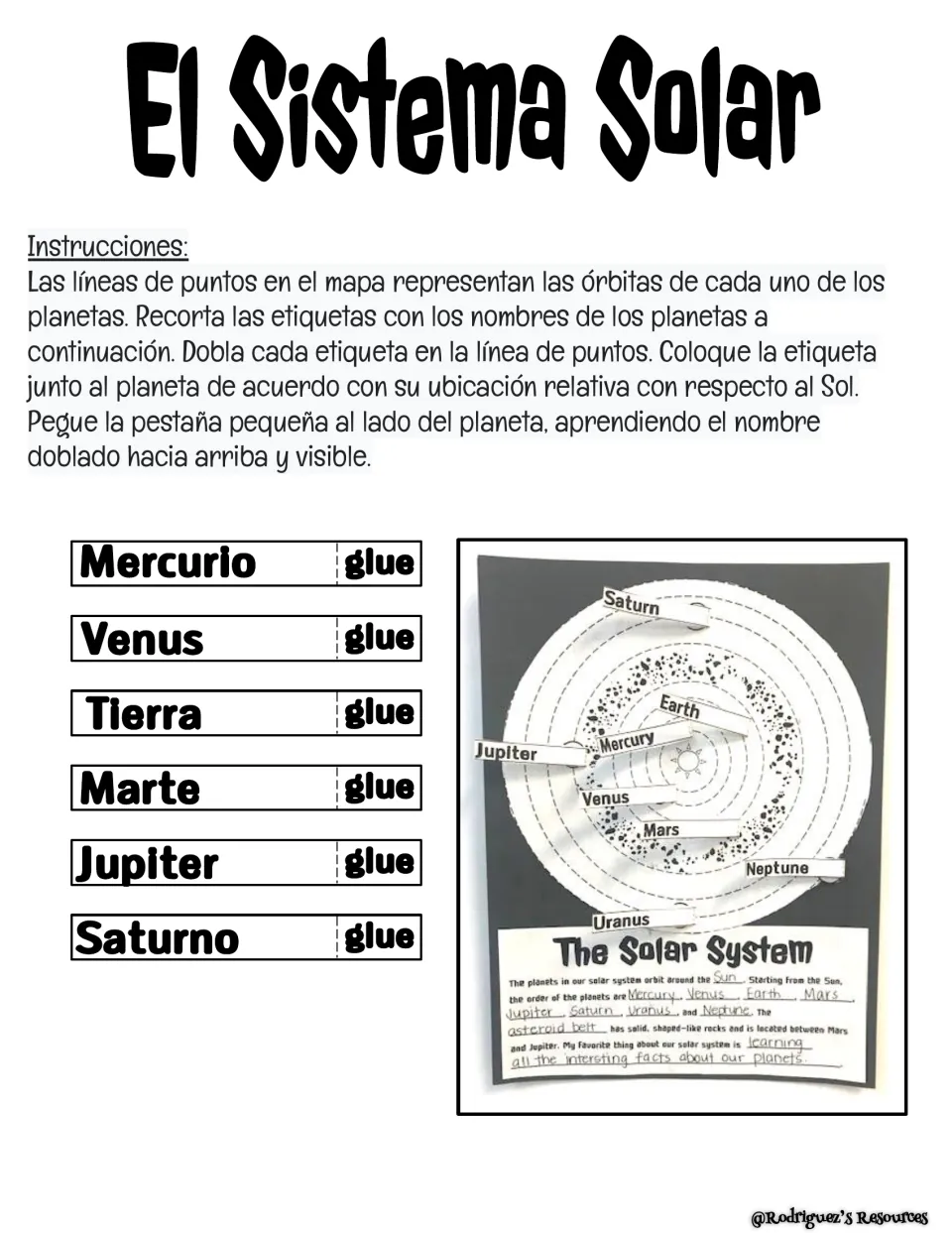 Instrucciones in Spanish: students fold and glue tabs like Mercurio, Tierra and Marte by their place from the Sol