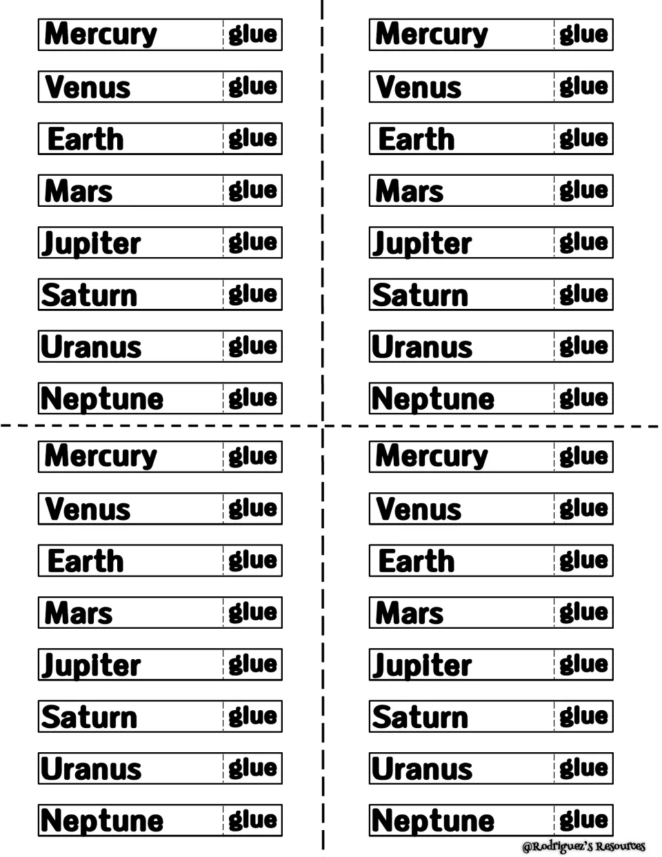 Planet name tabs in English: four sets of Mercury through Neptune labels, each with a glue tab, for students to cut out