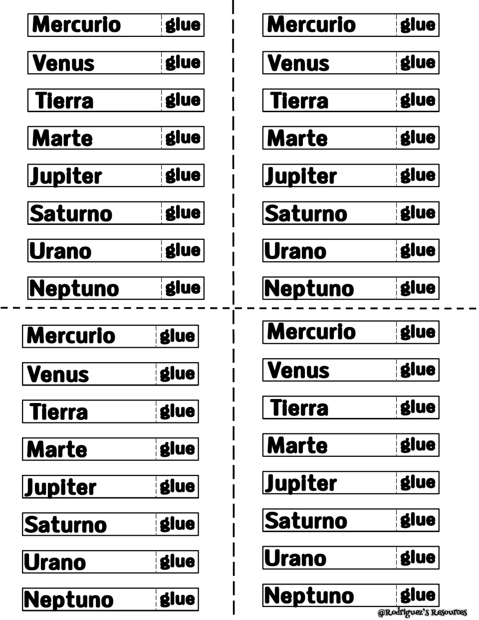 Spanish planet name tabs: four sets from Mercurio, Tierra and Marte to Urano and Neptuno, each with a glue tab to cut out