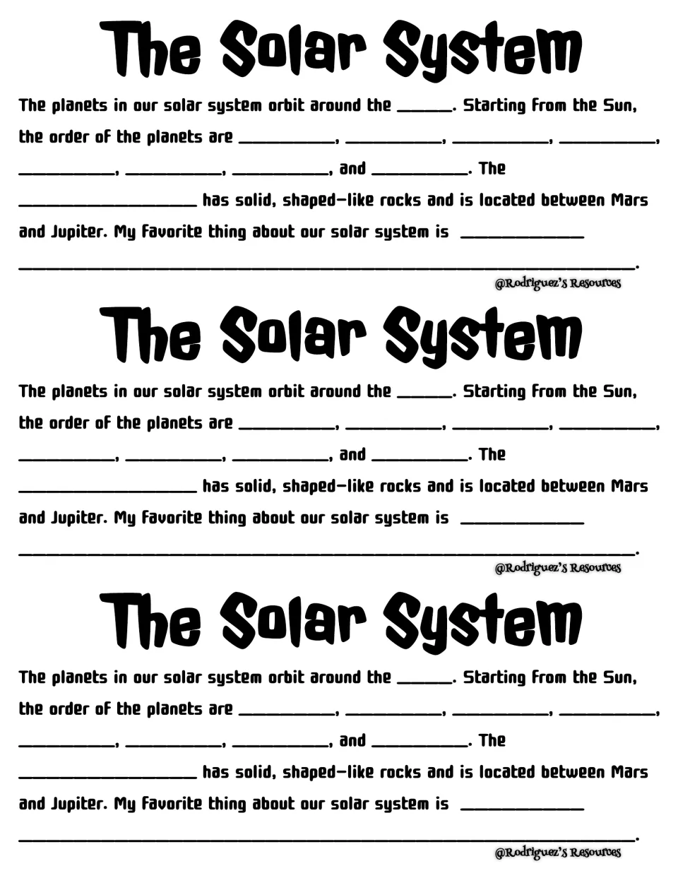 Solar system cloze summary: students fill in the Sun, the planets in order, the asteroid belt and their favorite fact