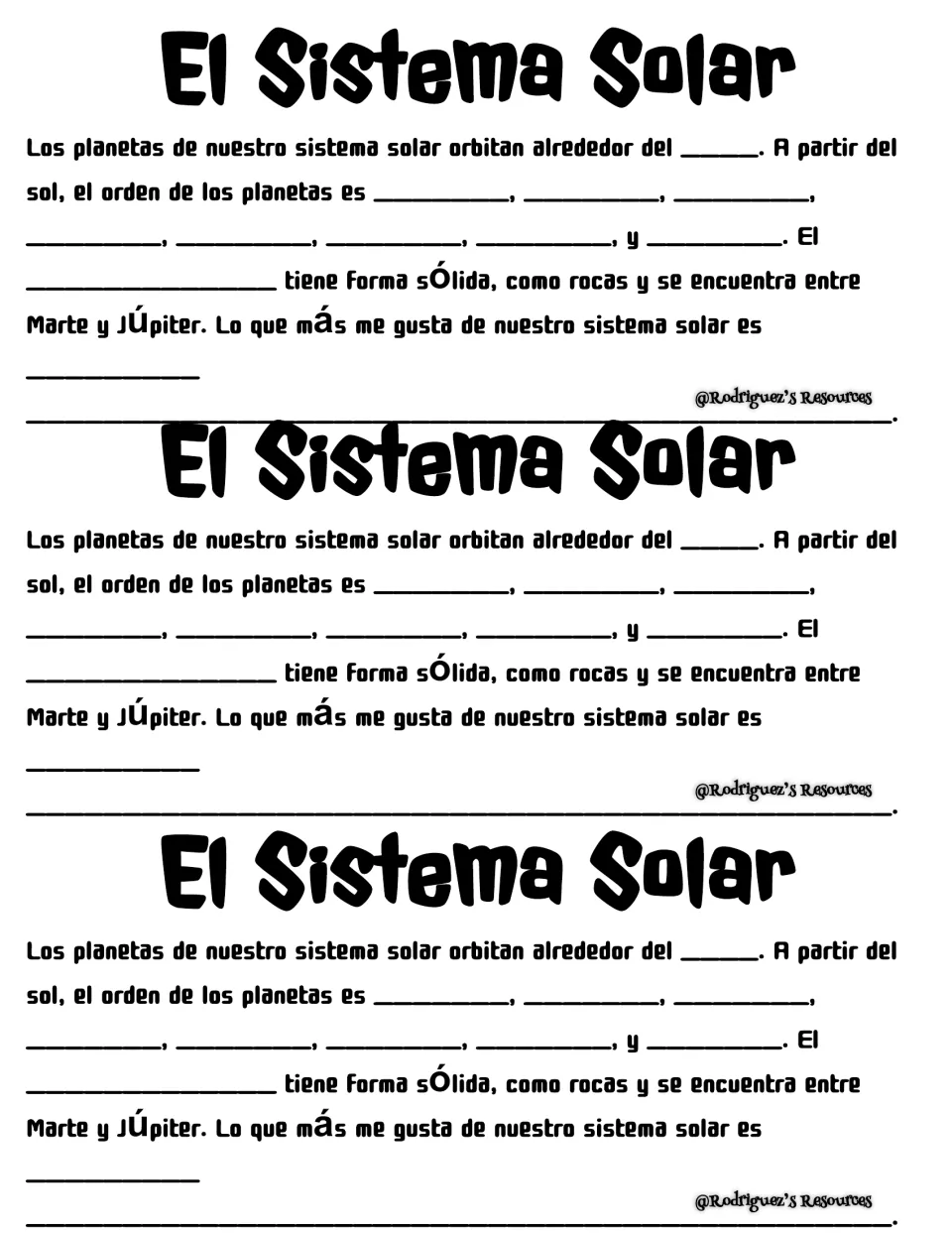 El Sistema Solar cloze in Spanish: students write the sol, the planets in order, the asteroid belt and what they like