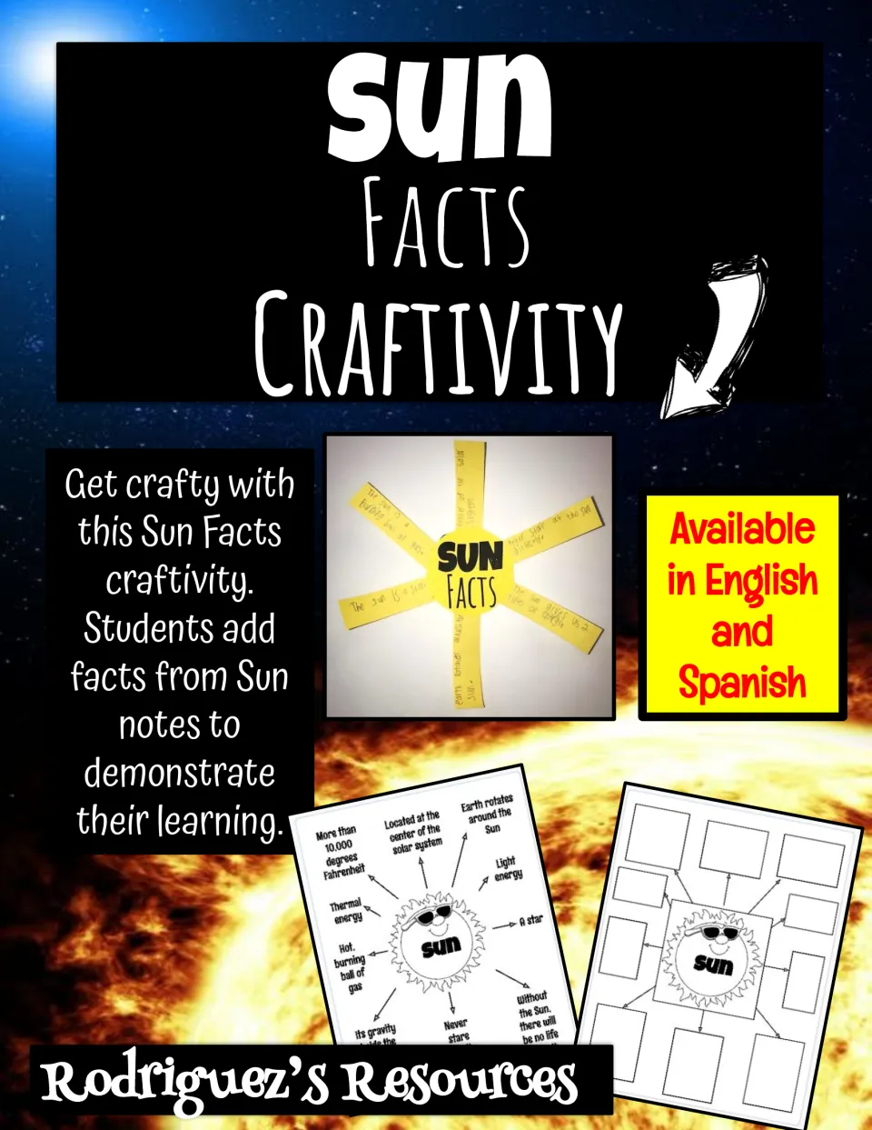 Sun Facts Craftivity cover: students add facts from Sun notes to paper strips; English and Spanish versions shown