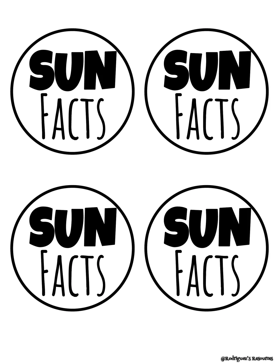 Sun Facts circle labels in English: four round centers to cut out and glue in the middle of the craft's paper rays