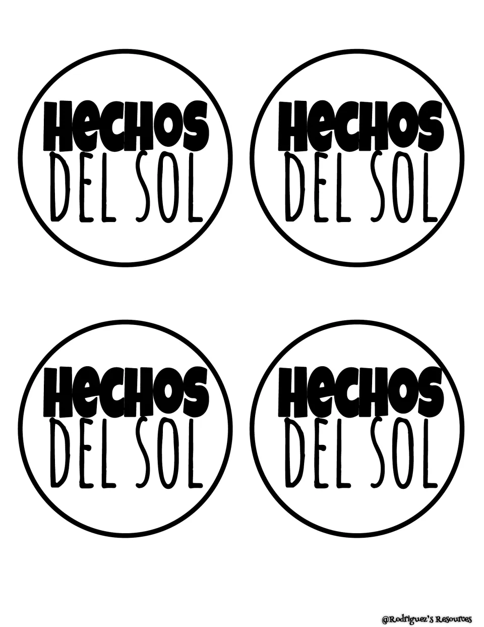 Hechos del Sol circle labels in Spanish: four round centers to cut out as the middle piece of the sun craft