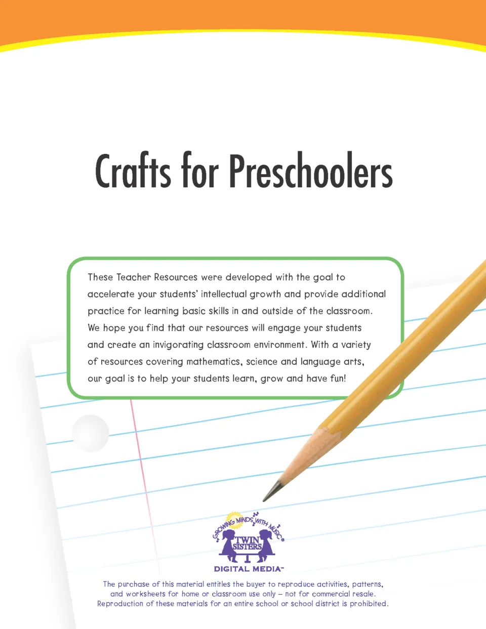Crafts for Preschoolers cover from Twin Sisters Digital Media, with a pencil on lined paper and a reproduction notice