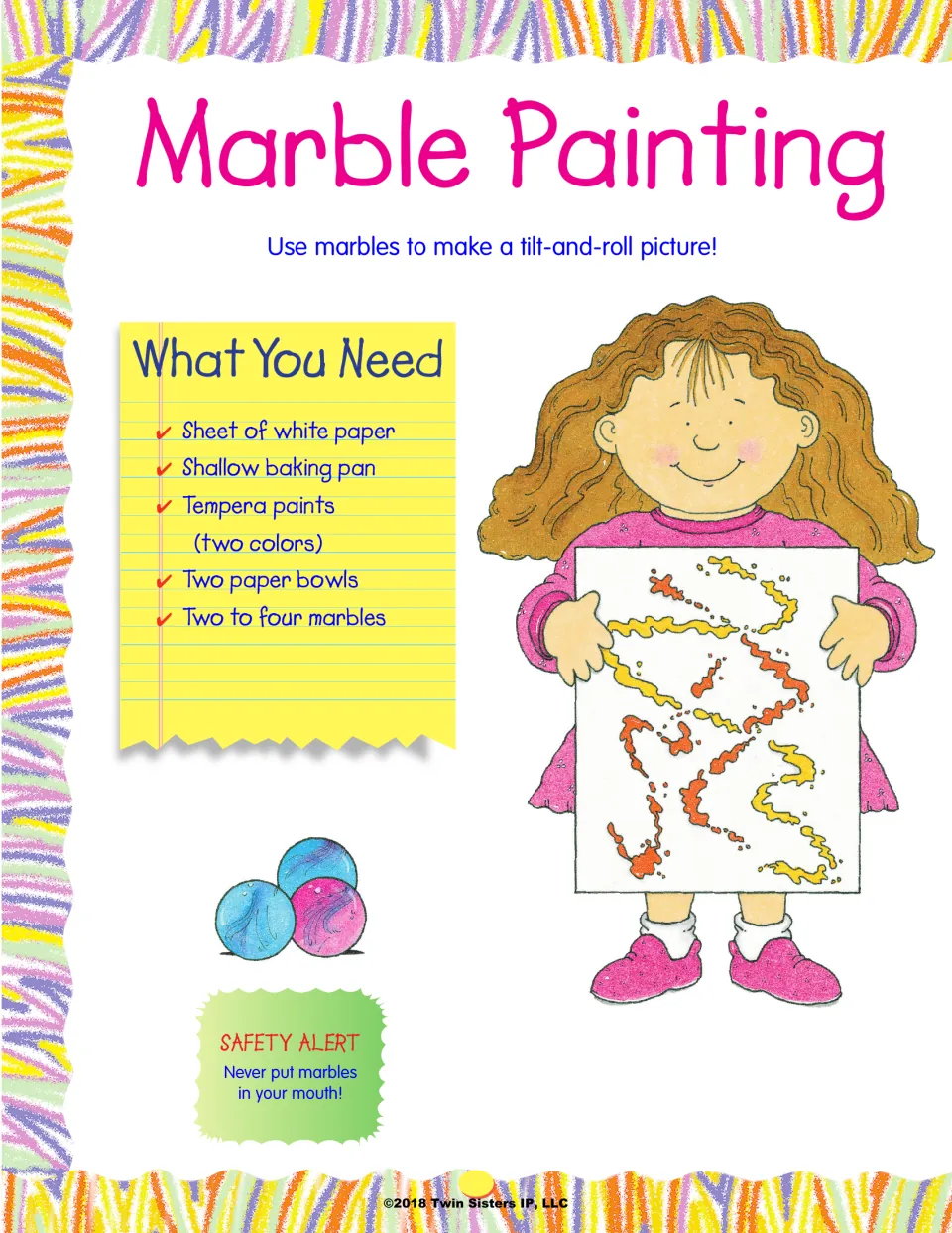 Marble Painting supply list: white paper, baking pan, two tempera paints, two bowls and marbles, plus a safety alert