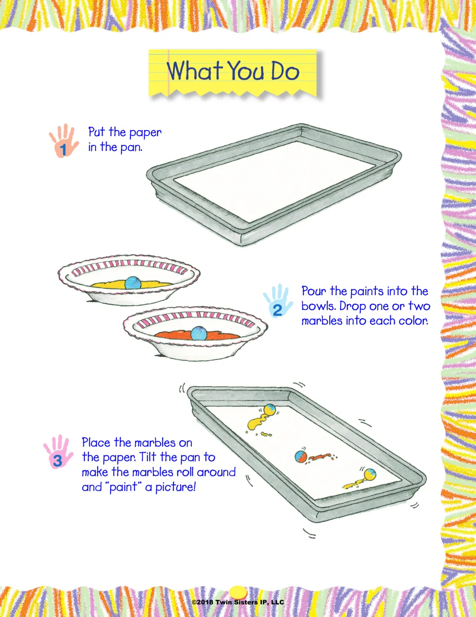 Marble painting steps: put paper in a pan, drop marbles in paint bowls, then tilt the pan so marbles roll a picture