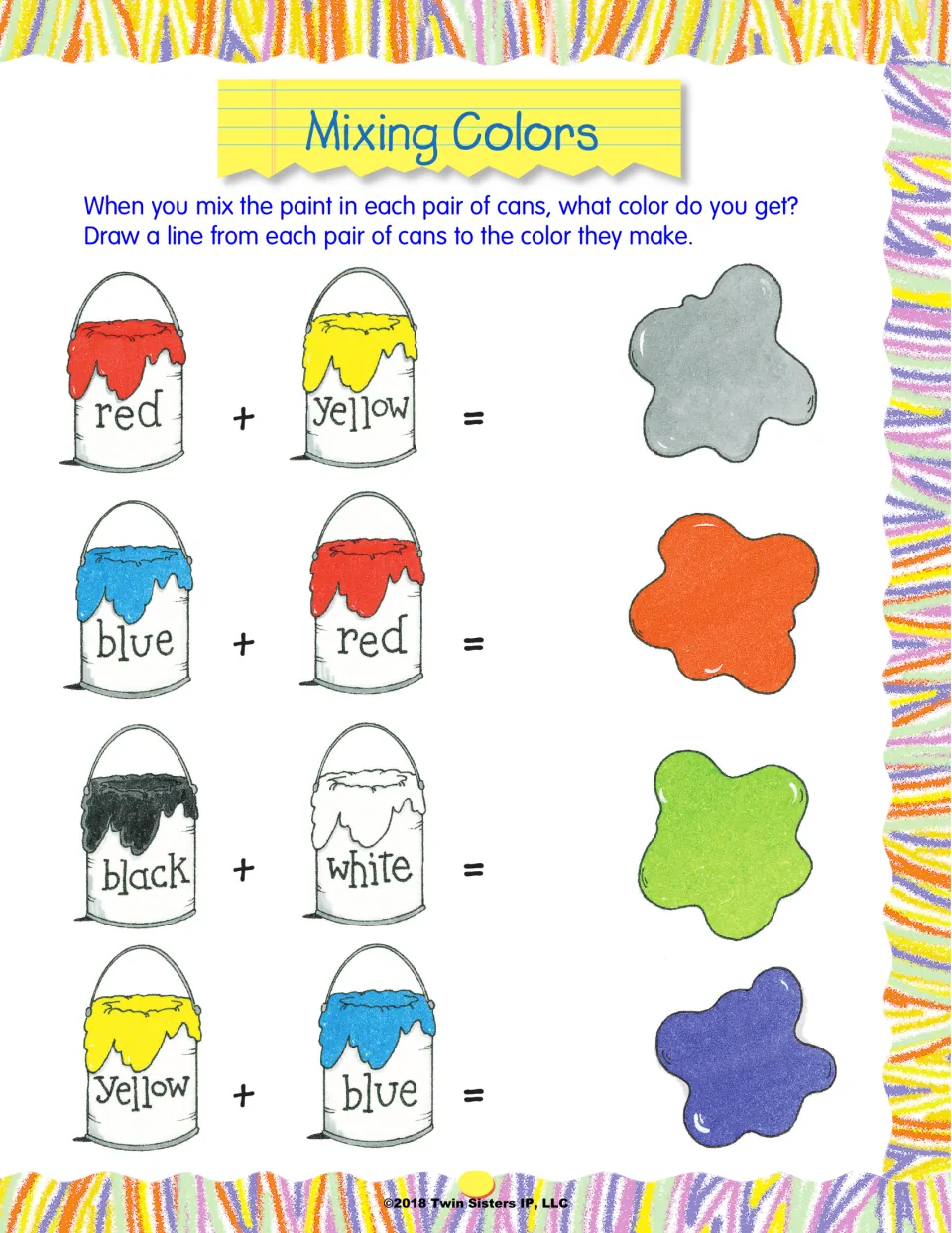 Mixing Colors: students draw lines from paint can pairs like red + yellow and blue + red to the color blob each makes