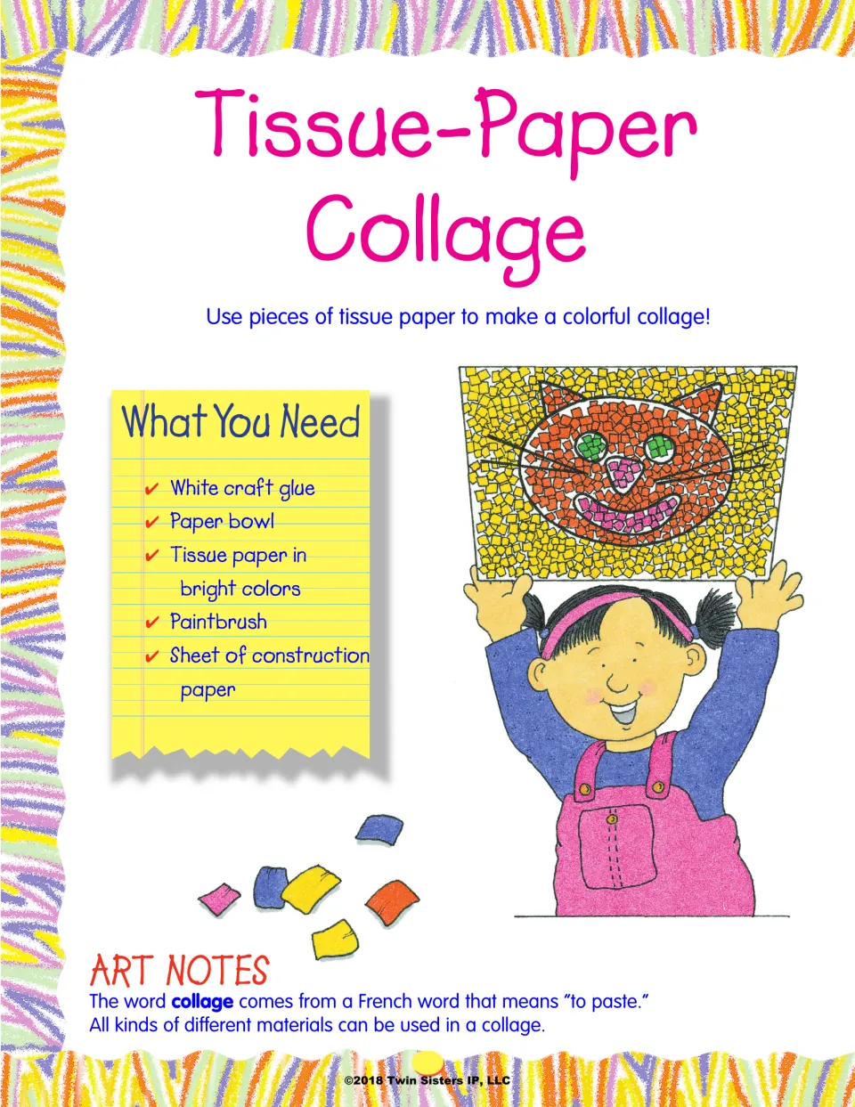 Tissue-Paper Collage supply list of glue, bowl, bright tissue paper, paintbrush and construction paper, with an art note