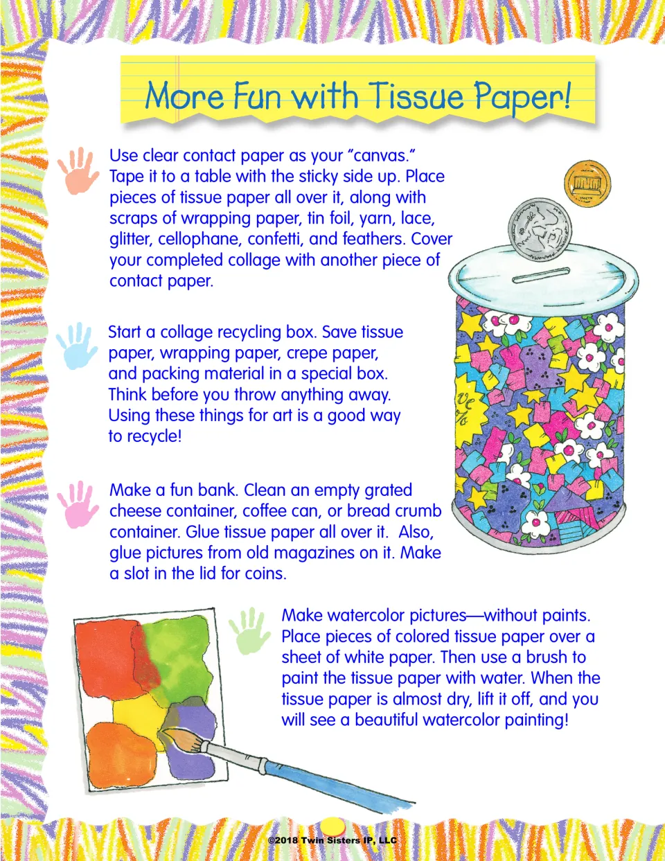 More Fun with Tissue Paper: contact paper collage, a recycling box, a decorated coin bank and water-painted tissue art