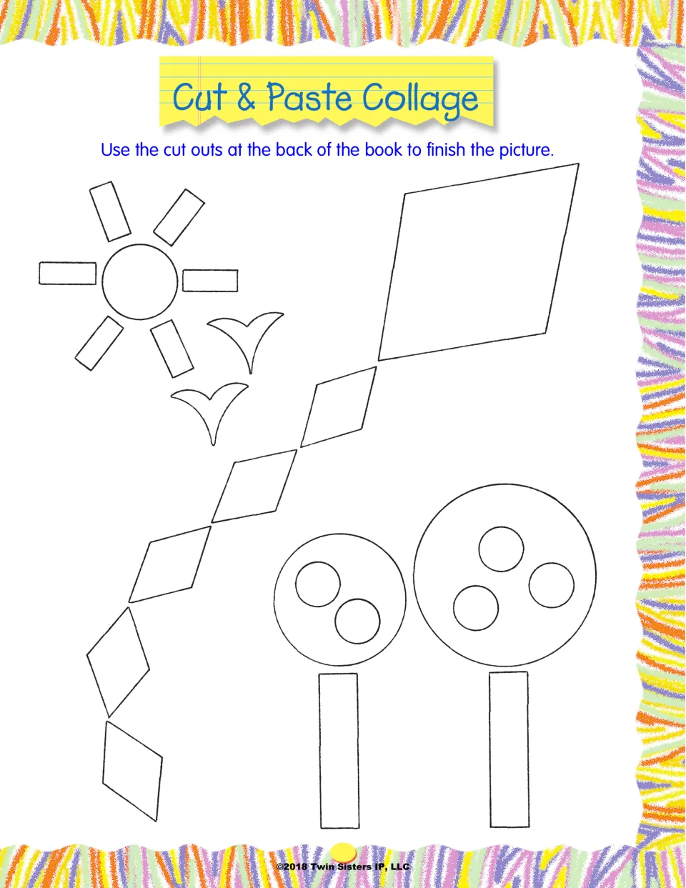 Cut & Paste Collage: students glue cut-outs from the back of the book onto sun, bird, kite and circle outlines