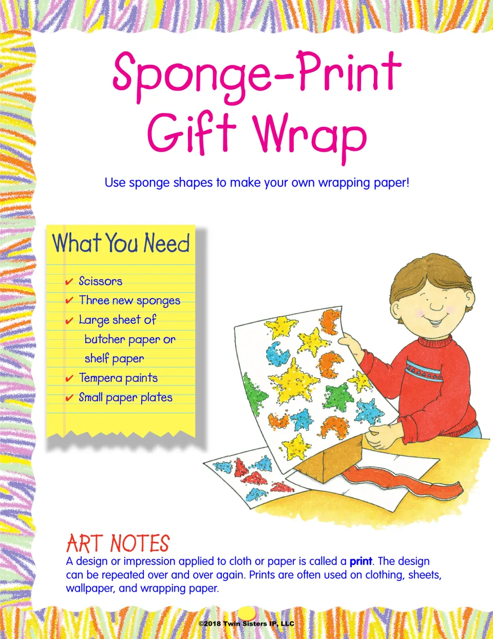 Sponge-Print Gift Wrap supply list of scissors, sponges, butcher paper, paints and plates, plus an art note on prints