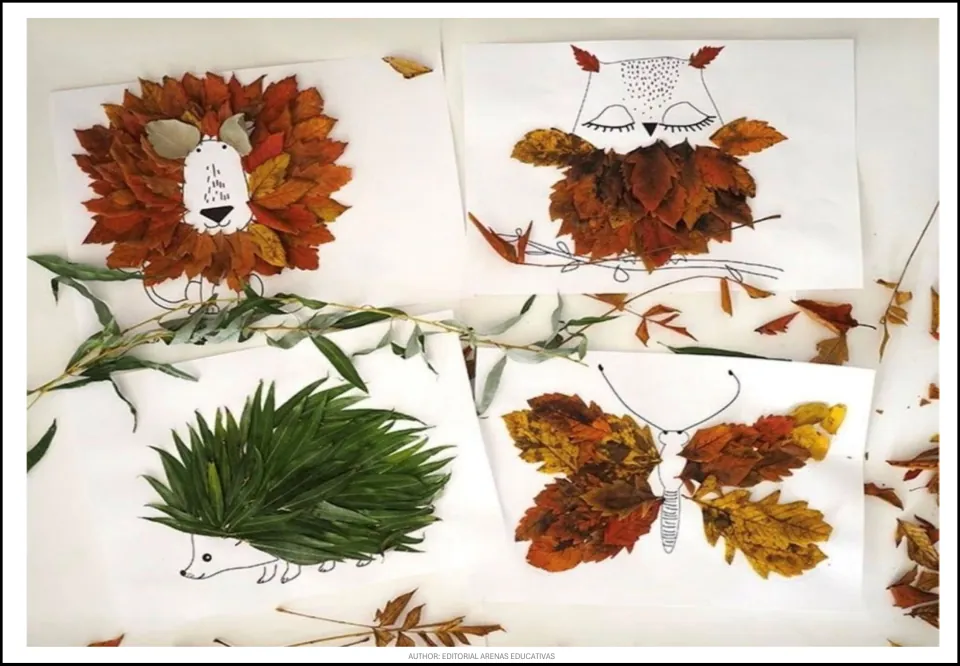 Completed leaf-craft examples for the four animal models: a lion, owl, hedgehog, and butterfly on paper