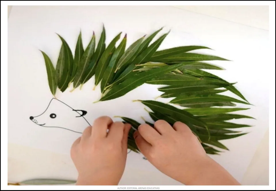 Hedgehog leaf-craft demonstration showing hands arranging long green leaves over the animal's body