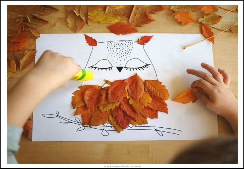 Owl leaf-craft demonstration showing a child using a glue stick to attach autumn leaves below its face