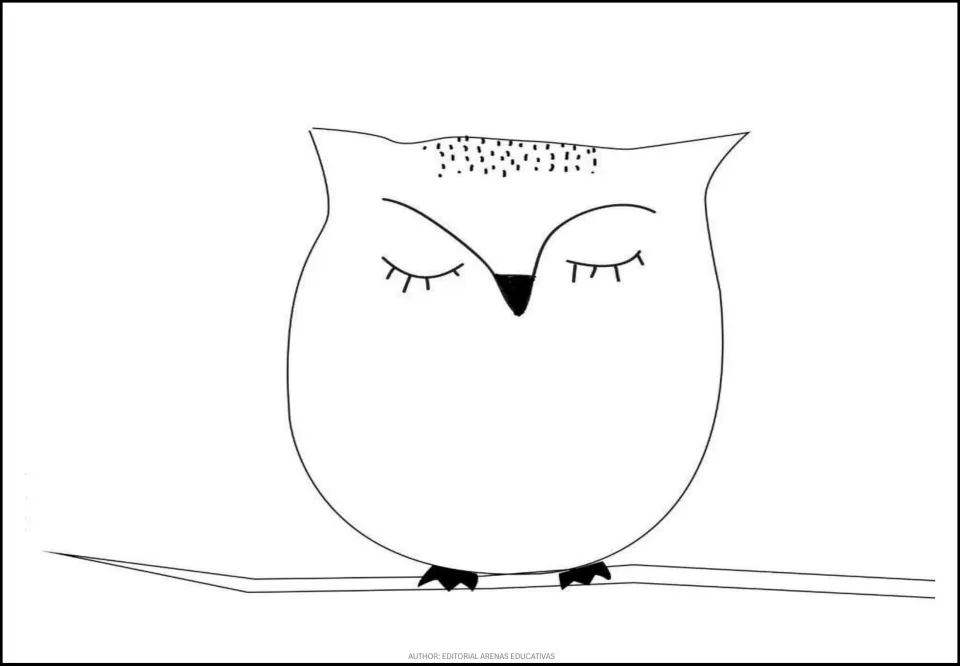 Owl template for the leaf-craft set, with closed eyes, a dark beak, and an empty body perched on a branch
