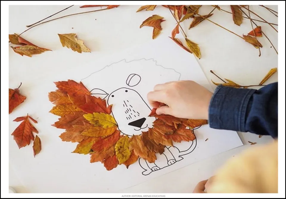 Lion leaf-craft demonstration showing a child arranging autumn leaves around the face to form its mane
