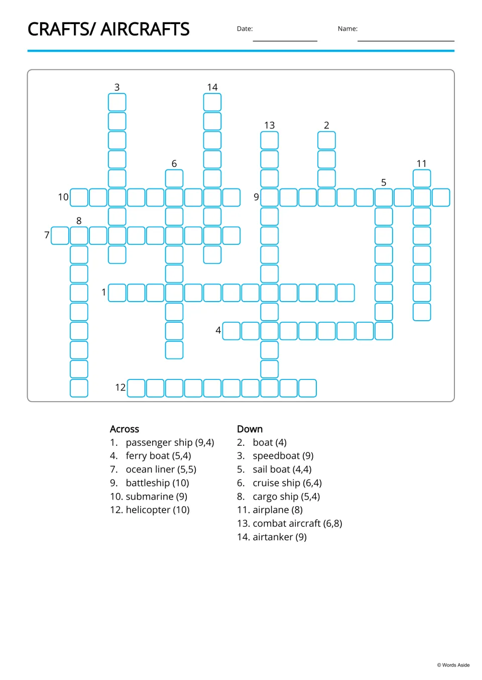 Ships and aircraft crossword: students fill in 14 vehicle names from across and down clues like ferry boat and airtanker