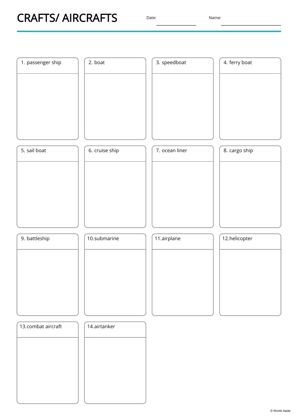 Vehicle picture page: students draw or glue a picture under each of 14 labels, from passenger ship to combat aircraft