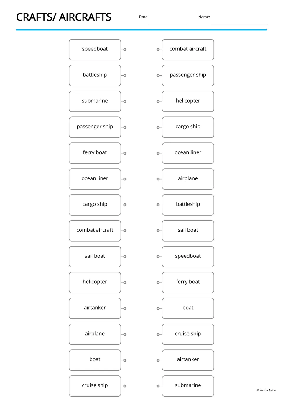 Vehicle word matching: students draw lines joining 14 names, such as cargo ship, to the same word in a shuffled list