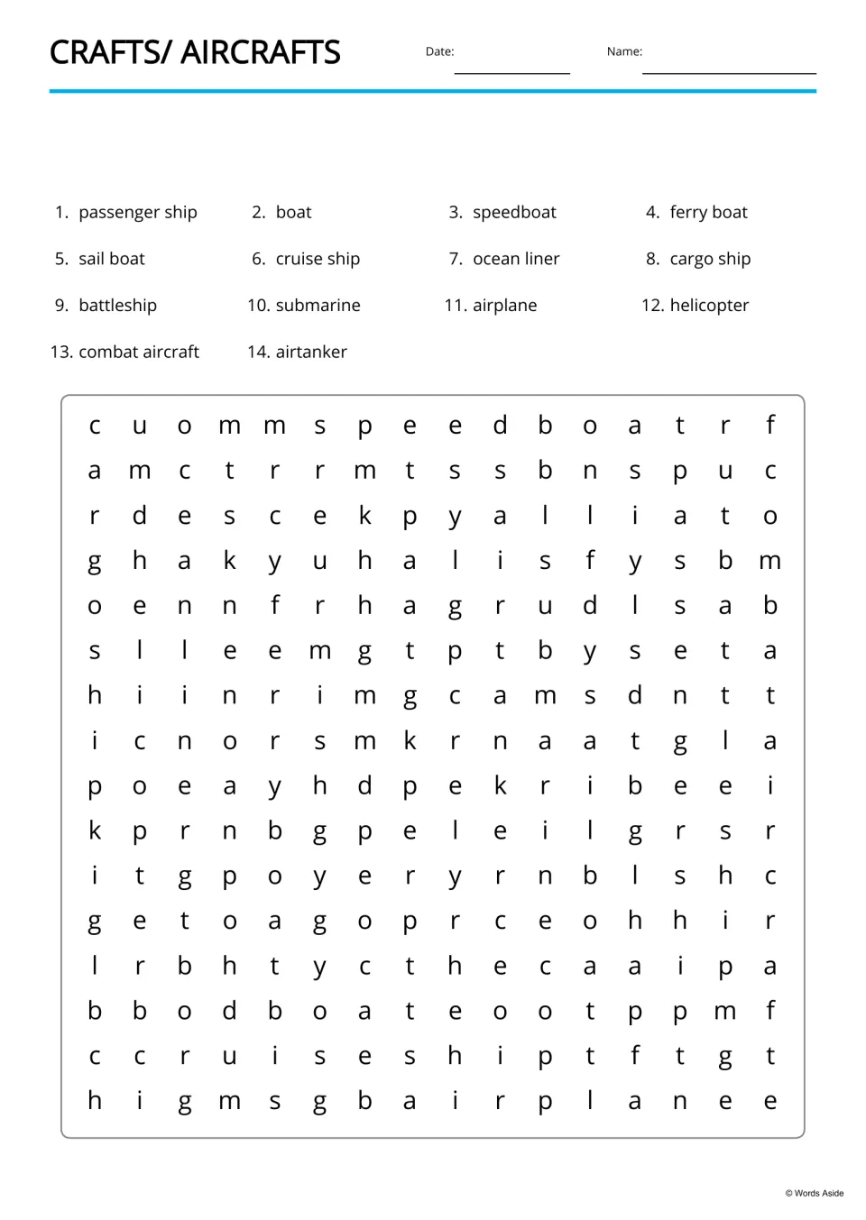Transport word search: students find 14 ship and aircraft names, including cruise ship and airplane