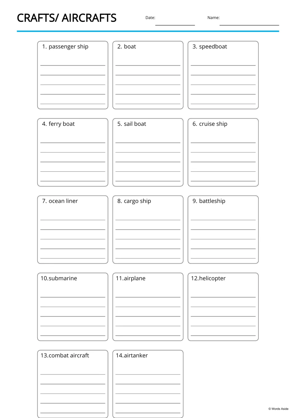 Ship and aircraft writing page: students write about each of 14 labeled crafts, from passenger ship to airtanker