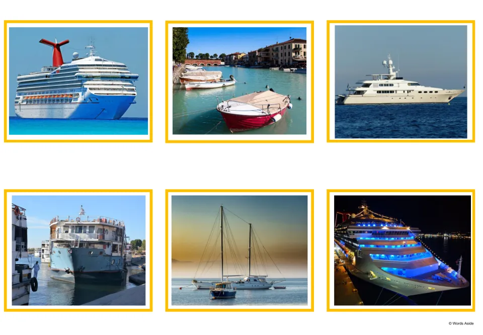 Ship photo cards: six unlabeled pictures of a cruise ship, small boat, yacht, ferry, sailboats and a cruise ship at night