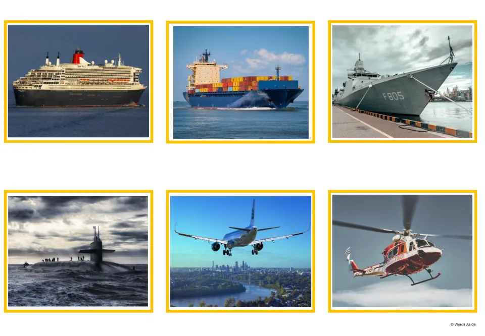 Vehicle photo cards: six unlabeled pictures of an ocean liner, cargo ship, battleship, submarine, airplane and helicopter