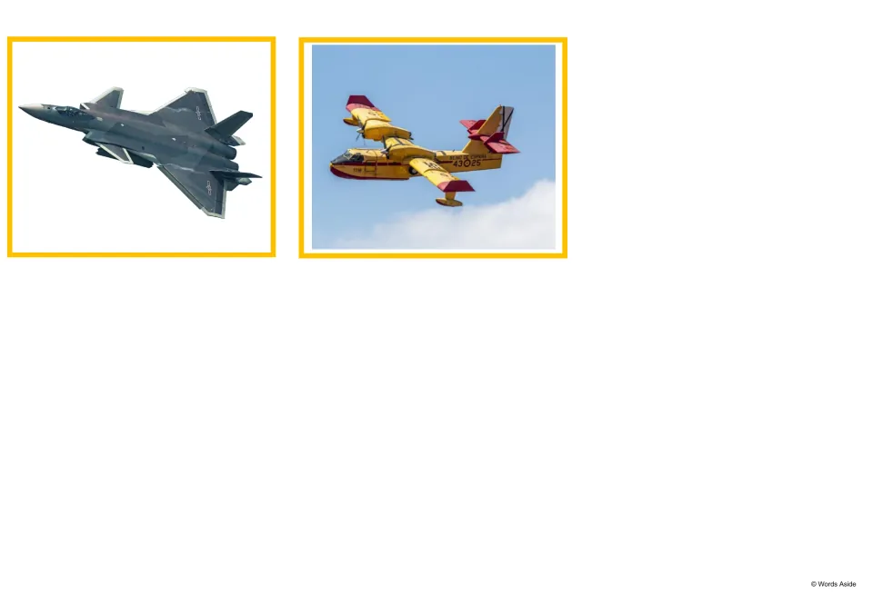 Aircraft photo cards: two unlabeled pictures, a gray combat jet and a yellow and red firefighting airtanker plane
