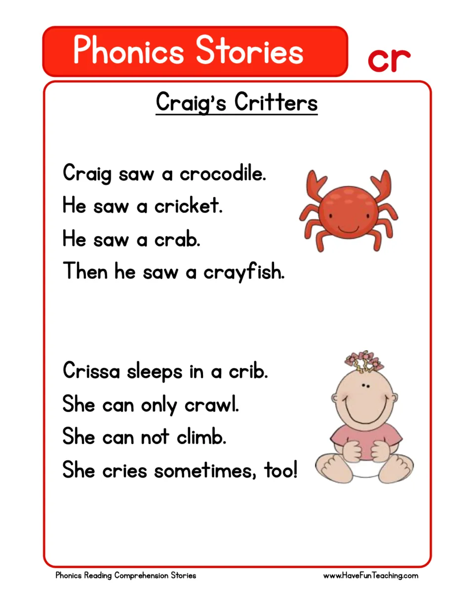 CR phonics story: Craig sees a crocodile, cricket, crab, and crayfish; Crissa sleeps, crawls, and cries.