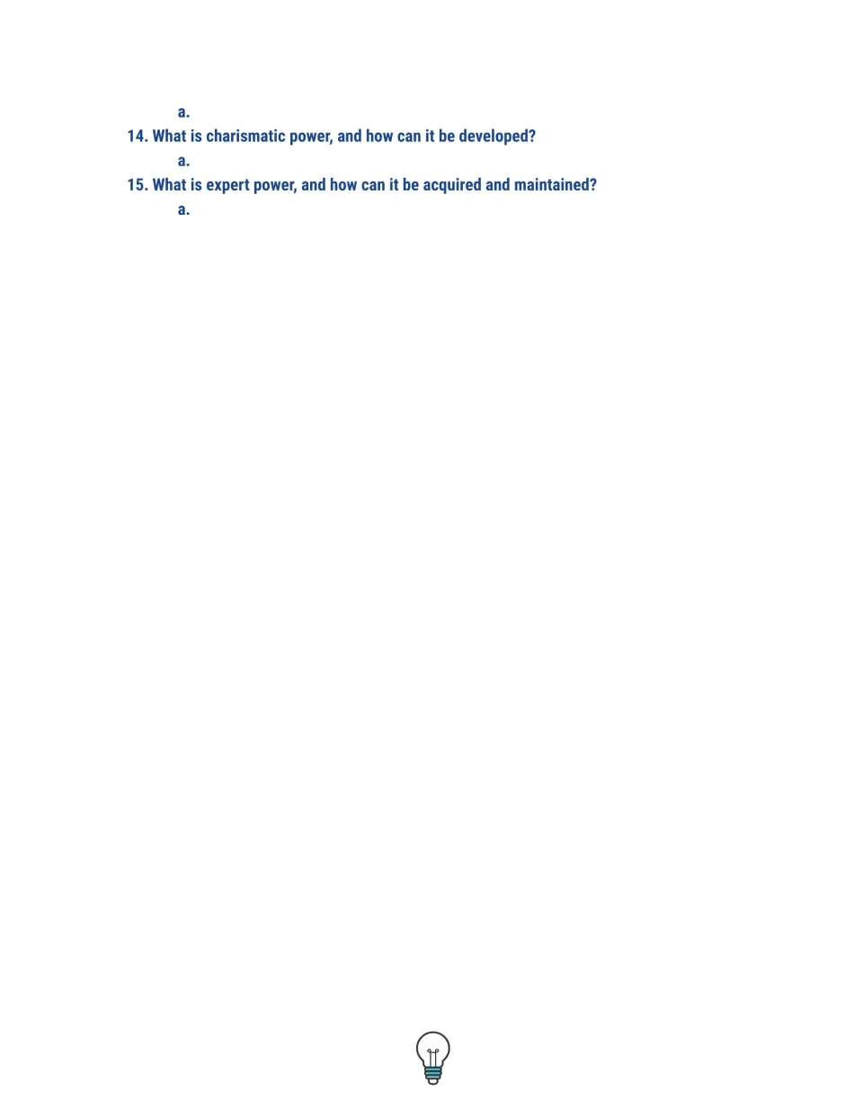 Video worksheet continuation, questions 14–15: defining and developing charismatic power and expert power.