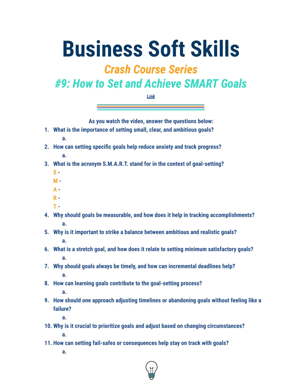 Companion worksheet, questions 1–11: SMART goals, measuring progress, stretch goals, deadlines, and fail-safes