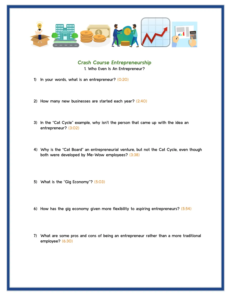 Entrepreneur video guide: students answer 7 timestamped questions on the Cat Cycle example, gig economy, pros and cons