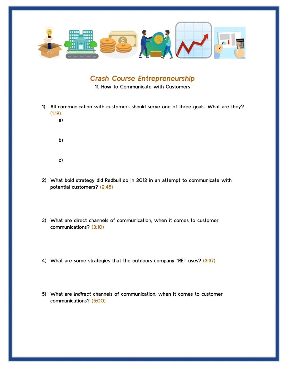 Video guide questions 1–5: customer communication goals, Red Bull's 2012 strategy, REI, and direct channels