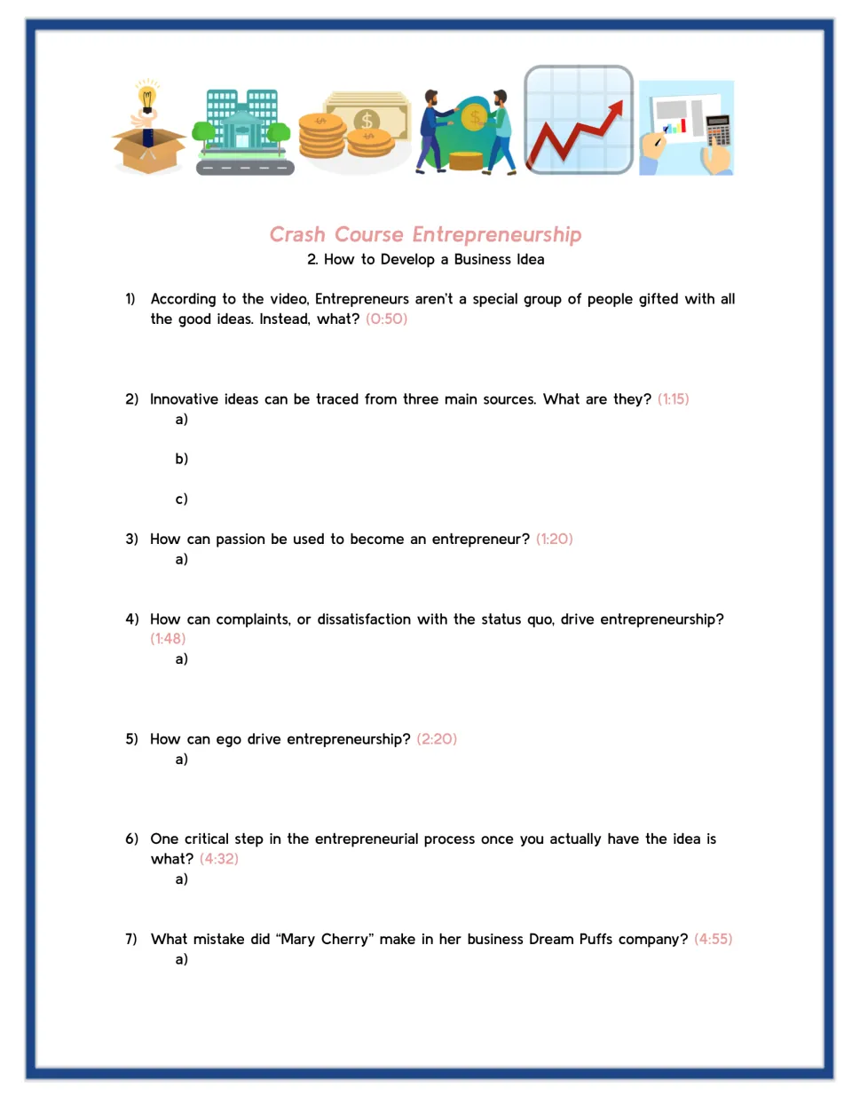 Video questions 1-7 on business ideas: students explain idea sources, passion, complaints and ego as drivers