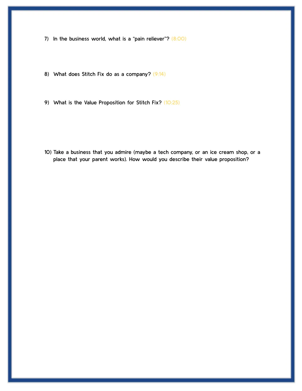 Video worksheet questions 7–10 on pain relievers, Stitch Fix, and a chosen company's value proposition.