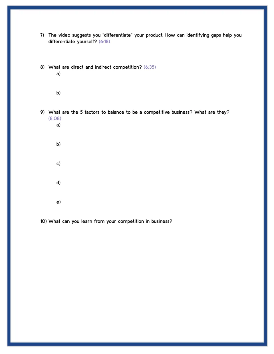 Video worksheet, questions 7–10: differentiation, direct and indirect competition, and five competitive factors.